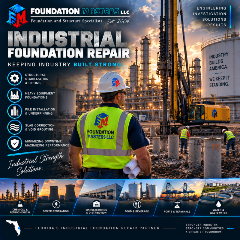 Foundation Masters industrial foundation repair in Florida, plant floor and equipment pad stabilization, deep foundation support and structural assessment with owner Jeff Earl on site