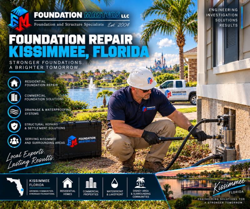 Foundation Masters foundation repair in Kissimmee, Osceola County Florida, settlement on organic and muck soils and floodplain foundation work with owner Jeff Earl on site