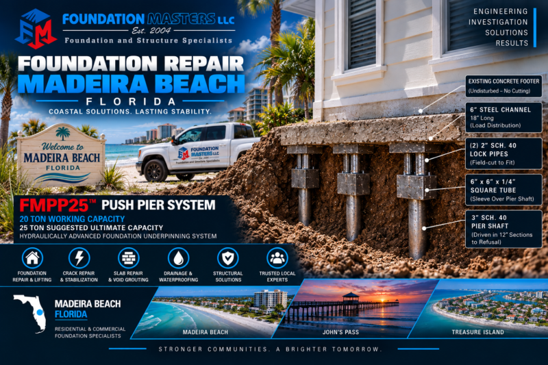 Madeira Beach Foundation Repair – Foundation Masters Foundation Masters foundation repair in Madeira Beach, Pinellas County Florida, coastal structural inspection and seawall and pile stabilization with owner Jeff Earl on site