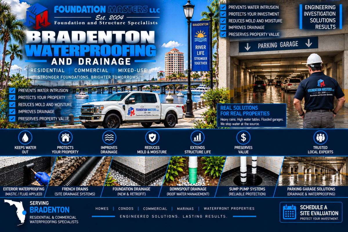 Parking Garage Waterproofing Bradenton, Foundation Masters Flooded below grade parking garage in Bradenton, Manatee County Florida, engineered parking garage waterproofing and pumped discharge design by Foundation Masters