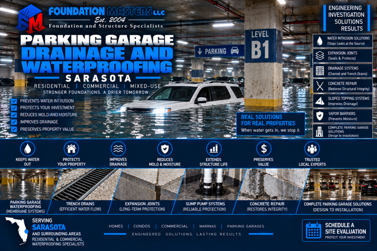 Parking Garage Drainage and Waterproofing Sarasota, Foundation Masters Parking garage drainage and waterproofing in Sarasota, Florida, showing standing water on a structured parking deck with drainage and waterproofing remediation by Foundation Masters