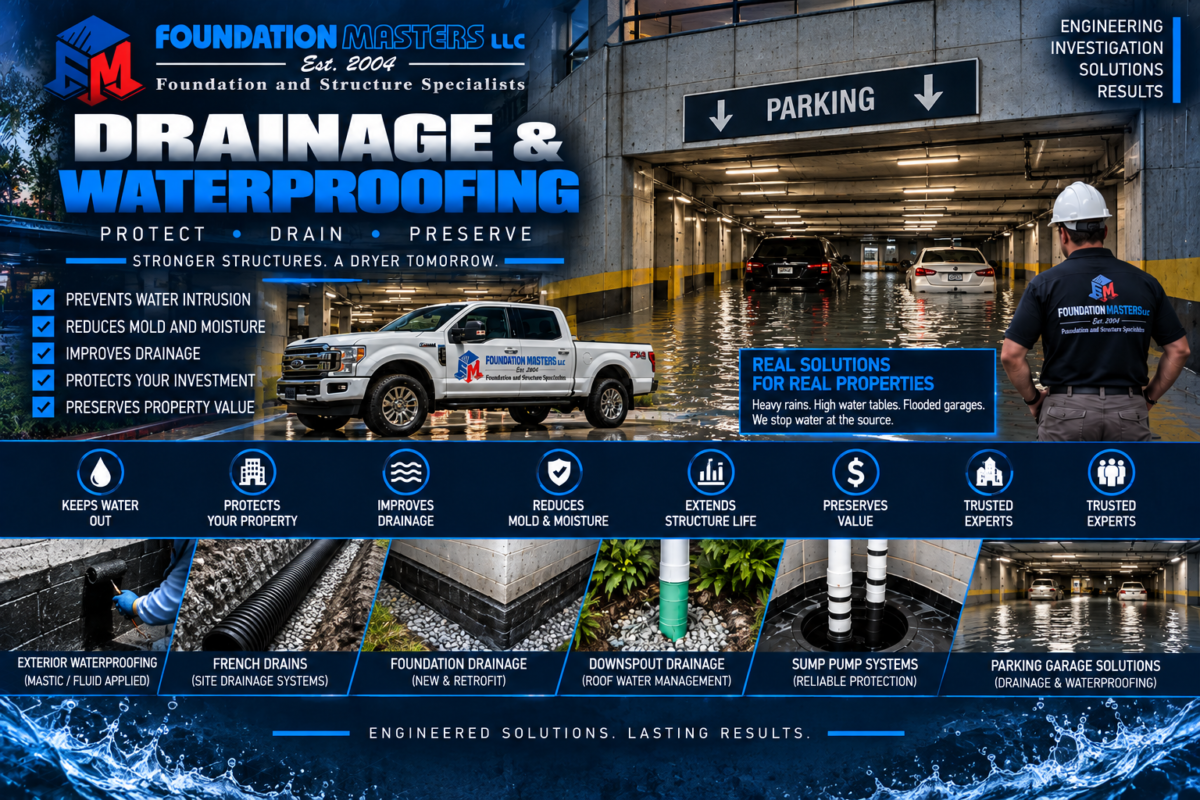 Parking Garage Drainage and Waterproofing, Foundation Masters Flooded below grade parking garage in Florida, engineered parking garage waterproofing and discharge design by Foundation Masters