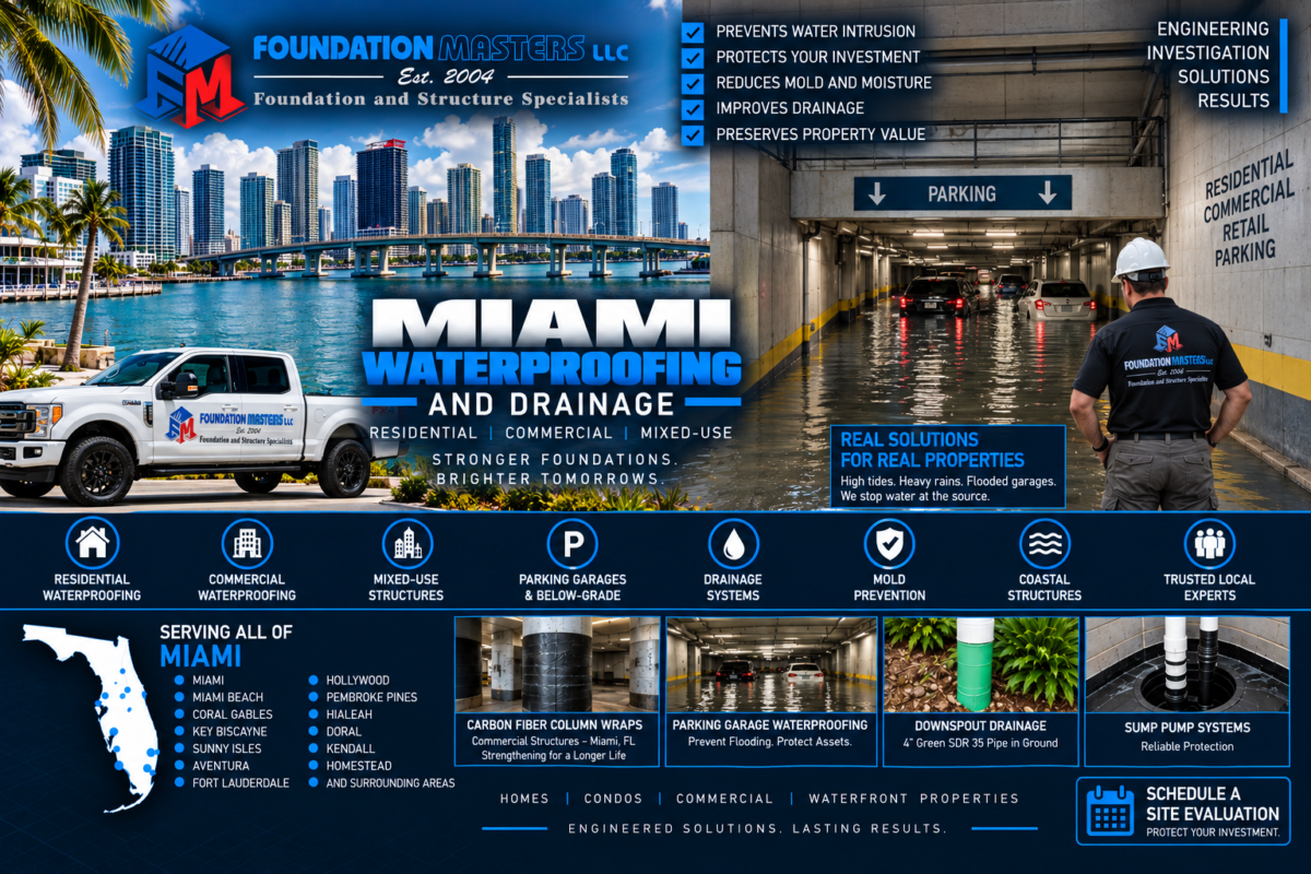 Parking Garage Waterproofing Miami, Foundation Masters Flooded below grade parking garage in Miami, Miami-Dade County Florida, engineered parking garage waterproofing and discharge design by Foundation Masters