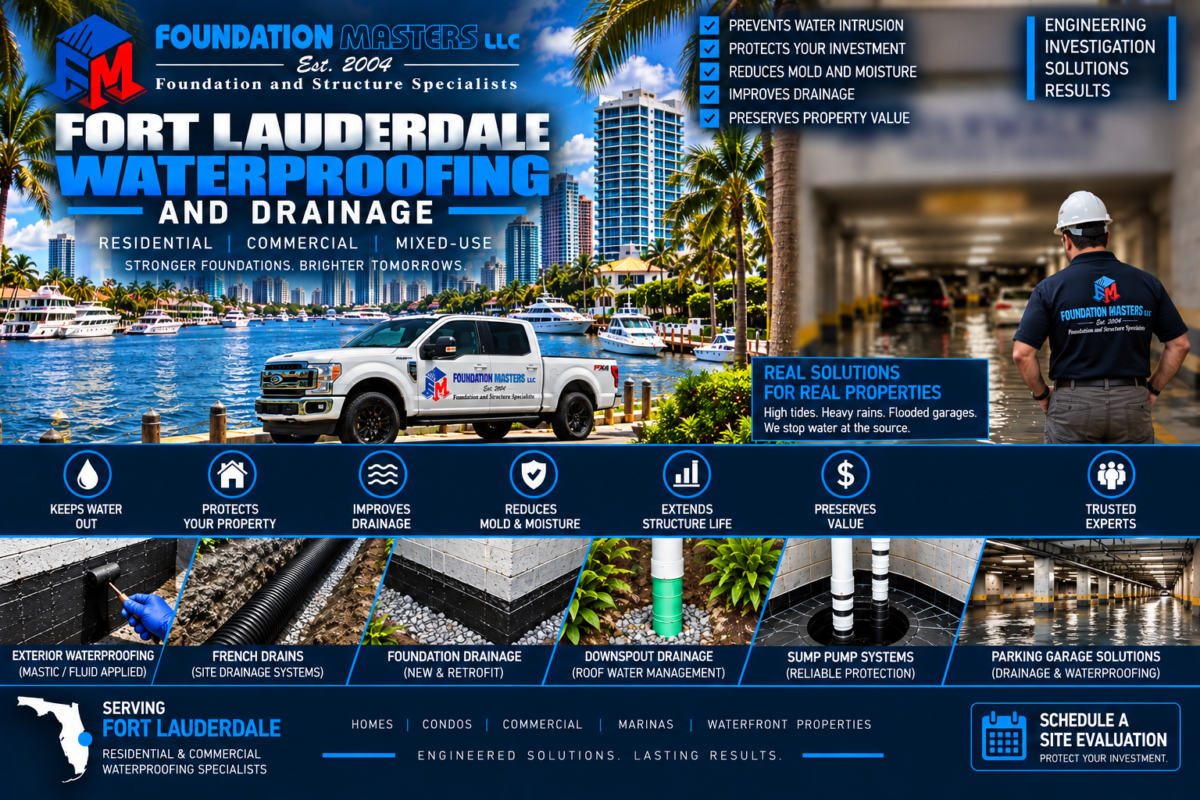 Parking Garage Waterproofing Fort Lauderdale, Foundation Masters Flooded below grade parking garage in Fort Lauderdale, Broward County Florida, engineered parking garage waterproofing and pumped discharge design by Foundation Masters