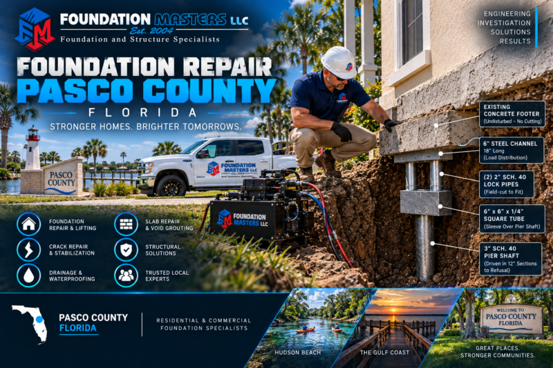 Pasco County Foundation Repair – Foundation Masters Foundation Masters foundation repair in Pasco County Florida, structural inspection and helical pier stabilization on a residential foundation with owner Jeff Earl on site