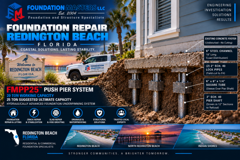 Foundation Masters foundation repair in Redington Beach, Pinellas County Florida, coastal structural inspection and seawall and pile stabilization with owner Jeff Earl on site