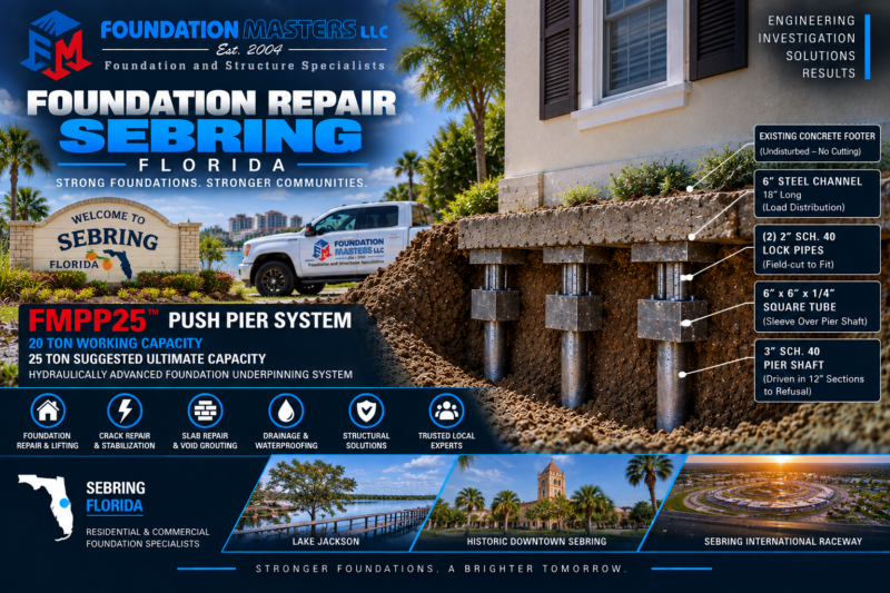 Foundation Masters foundation repair in Sebring, Highlands County Florida, structural inspection and deep sand foundation stabilization on the Lake Wales Ridge with owner Jeff Earl on site
