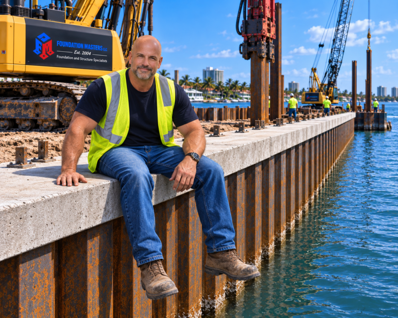 Sheet piling contractor Jeff Earl monitoring a Florida sheet pile installation