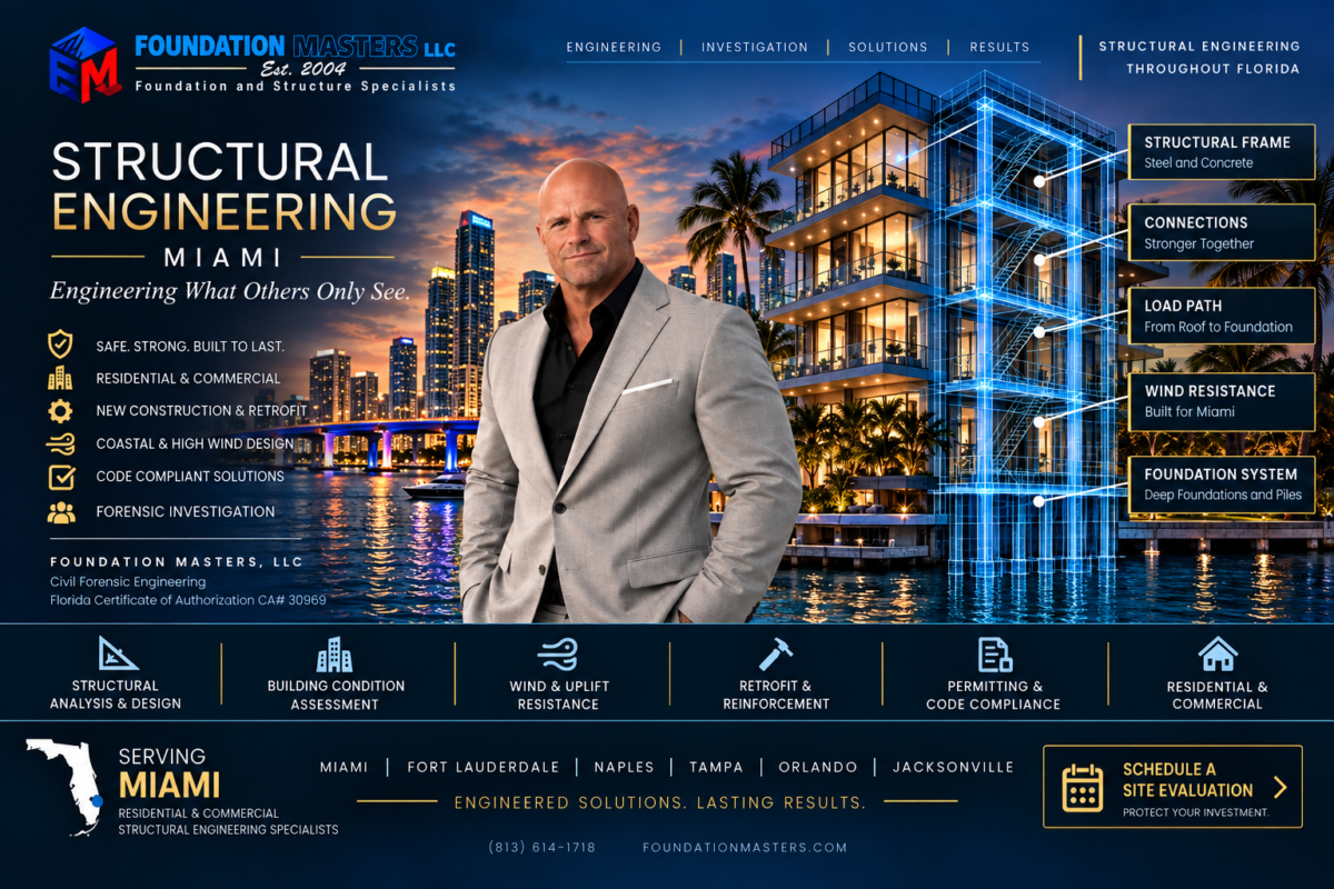 Structural engineering in Miami showing the load path from the structural frame through connections and wind resistance down to the deep foundation system