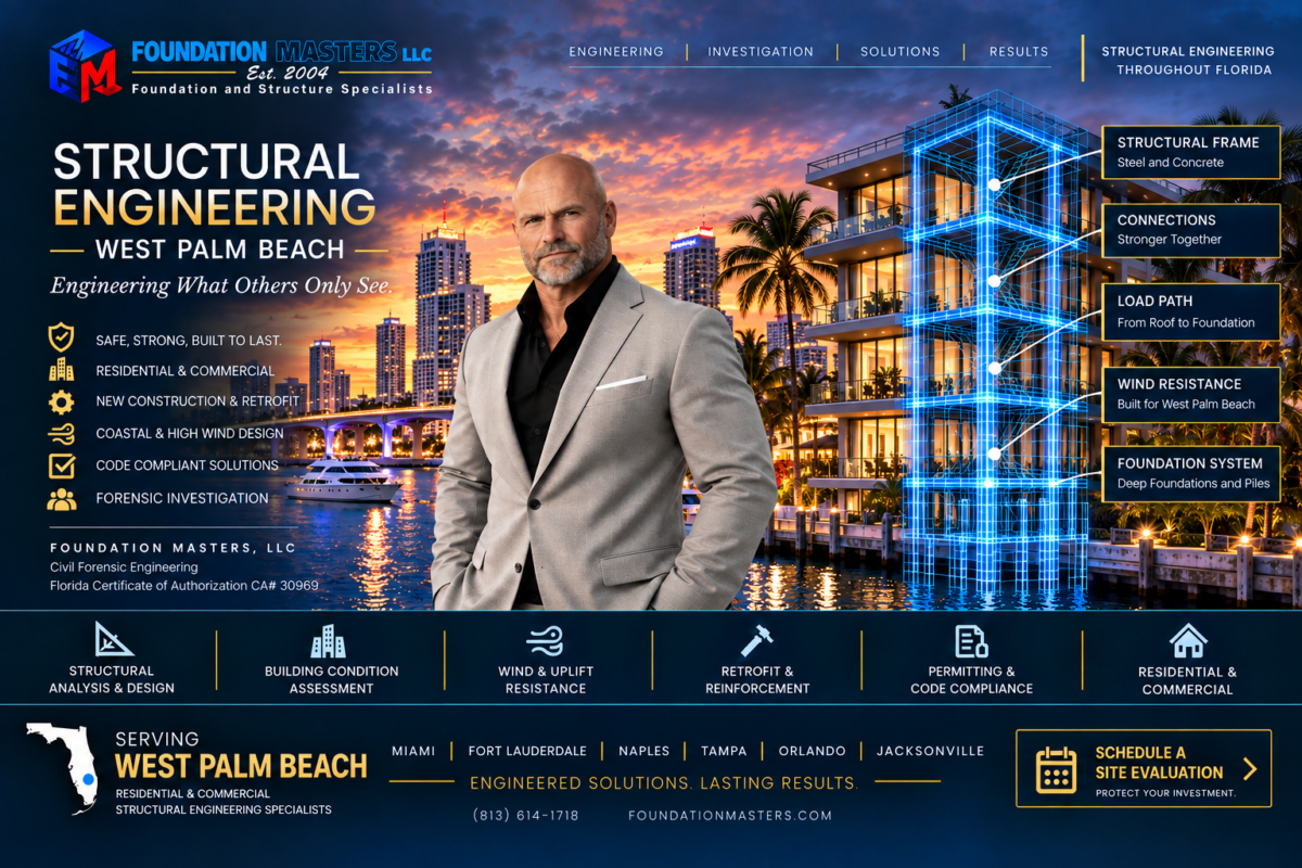 Structural engineering in West Palm Beach showing the load path from the structural frame through connections and wind resistance down to the deep foundation system