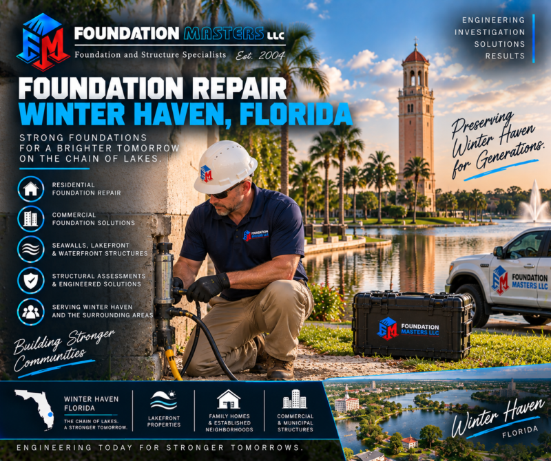Foundation Masters foundation repair in Winter Haven, Polk County Florida, canal bank and lakefront foundation stabilization with owner Jeff Earl on site