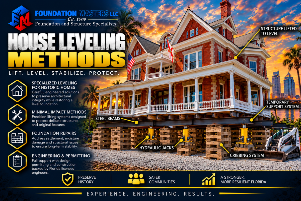 Home on steel beams, cribbing and hydraulic jacks during a house leveling
