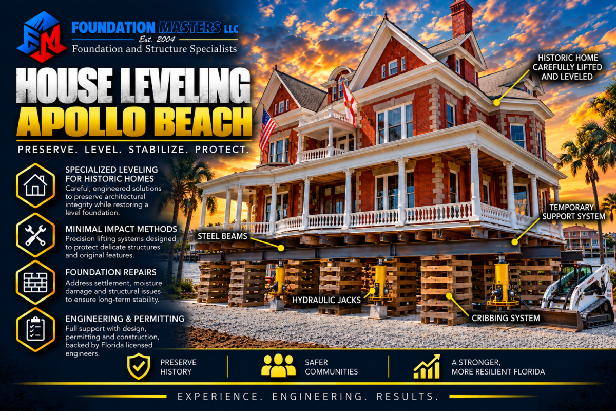 Home on steel beams, cribbing and hydraulic jacks during an Apollo Beach house leveling