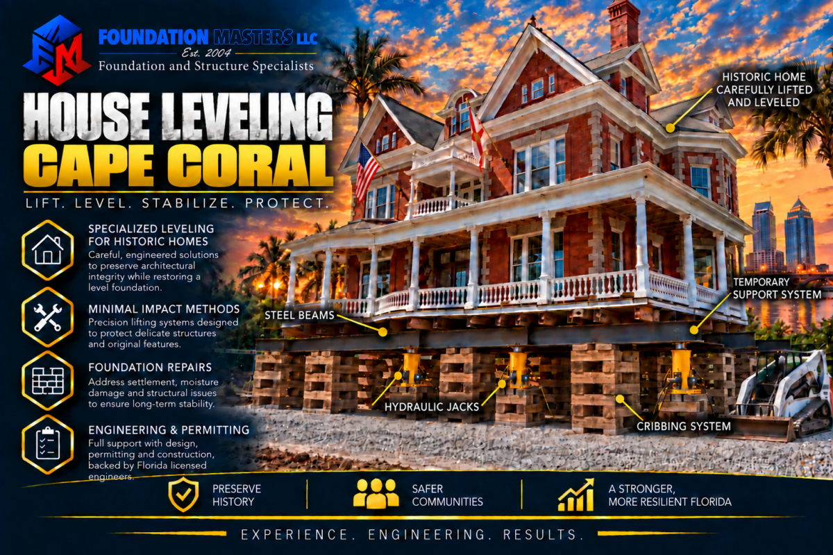 Home on steel beams, cribbing and hydraulic jacks during a Cape Coral house leveling