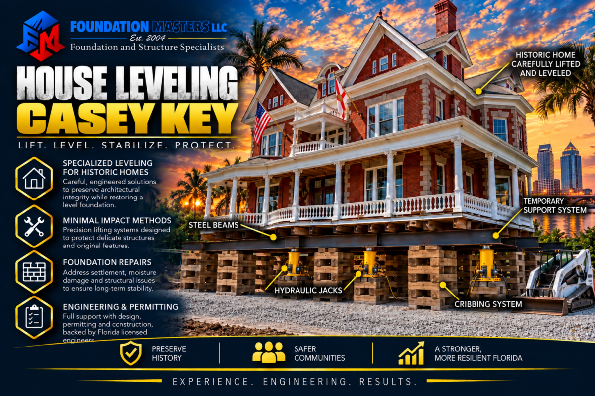 Home on steel beams, cribbing and hydraulic jacks during a Casey Key house leveling