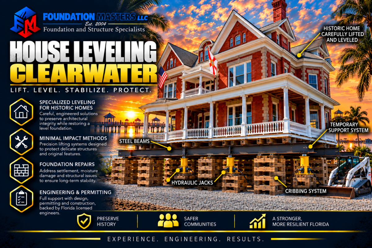 Home on steel beams, cribbing and hydraulic jacks during a Clearwater house leveling