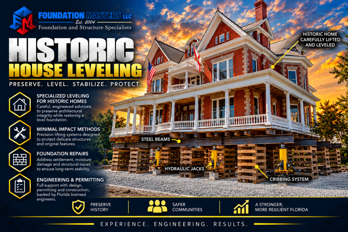Home on steel beams, cribbing and hydraulic jacks during a Naples house leveling