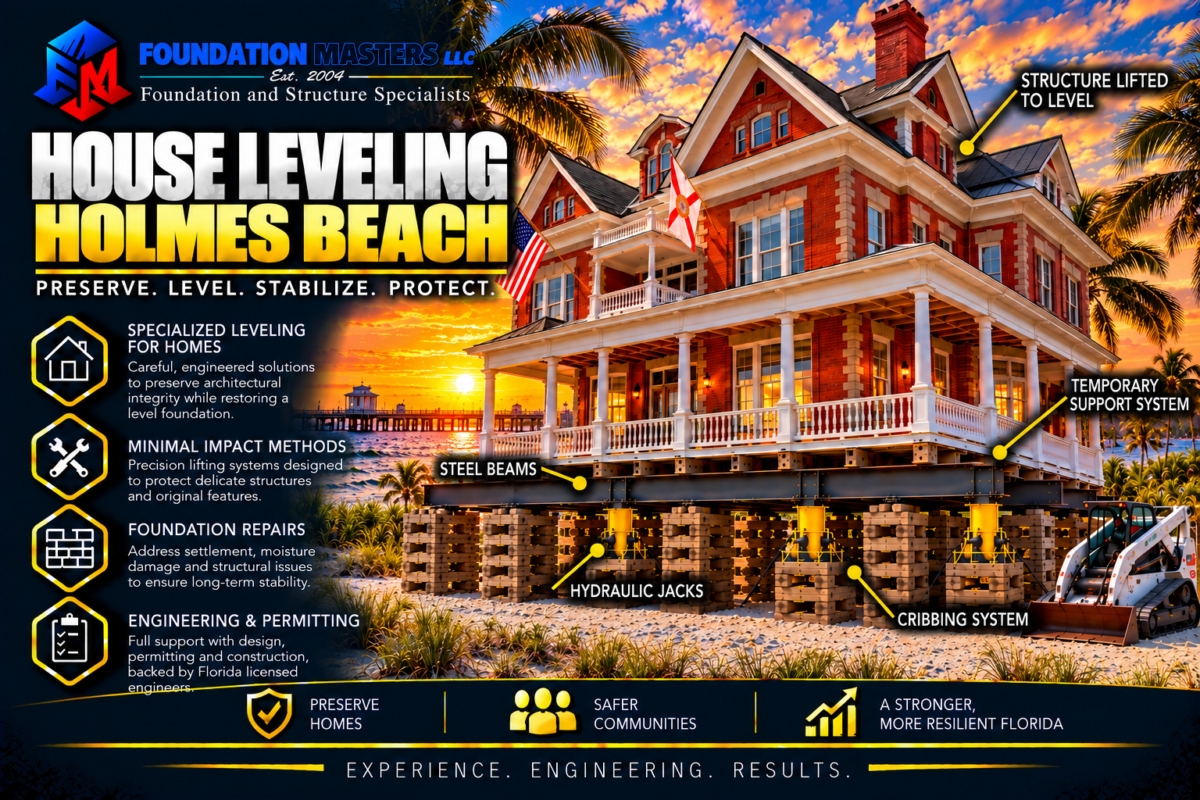Home on steel beams, cribbing and hydraulic jacks during a Holmes Beach house leveling
