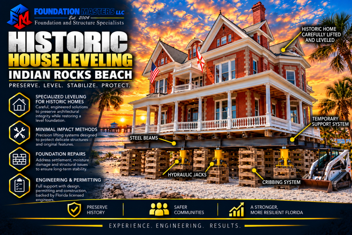 Home on steel beams, cribbing and hydraulic jacks during an Indian Rocks Beach house leveling