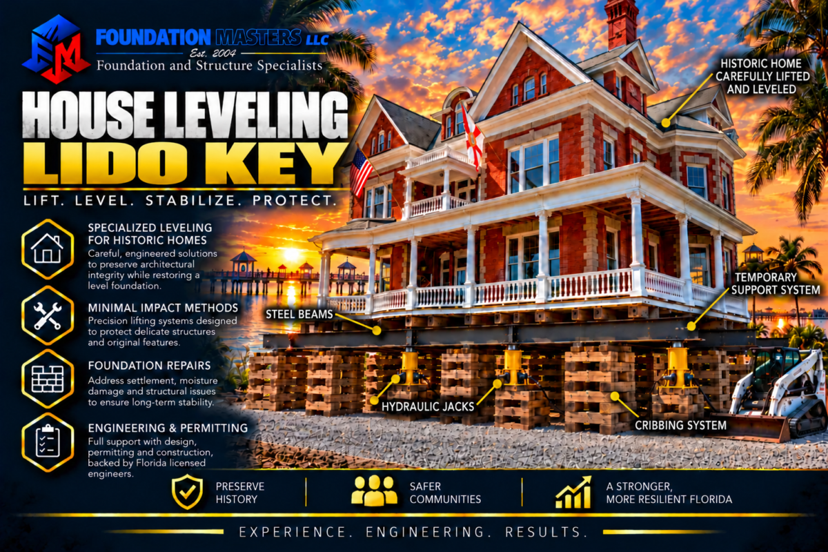 Home on steel beams, cribbing and hydraulic jacks during a Lido Key house leveling