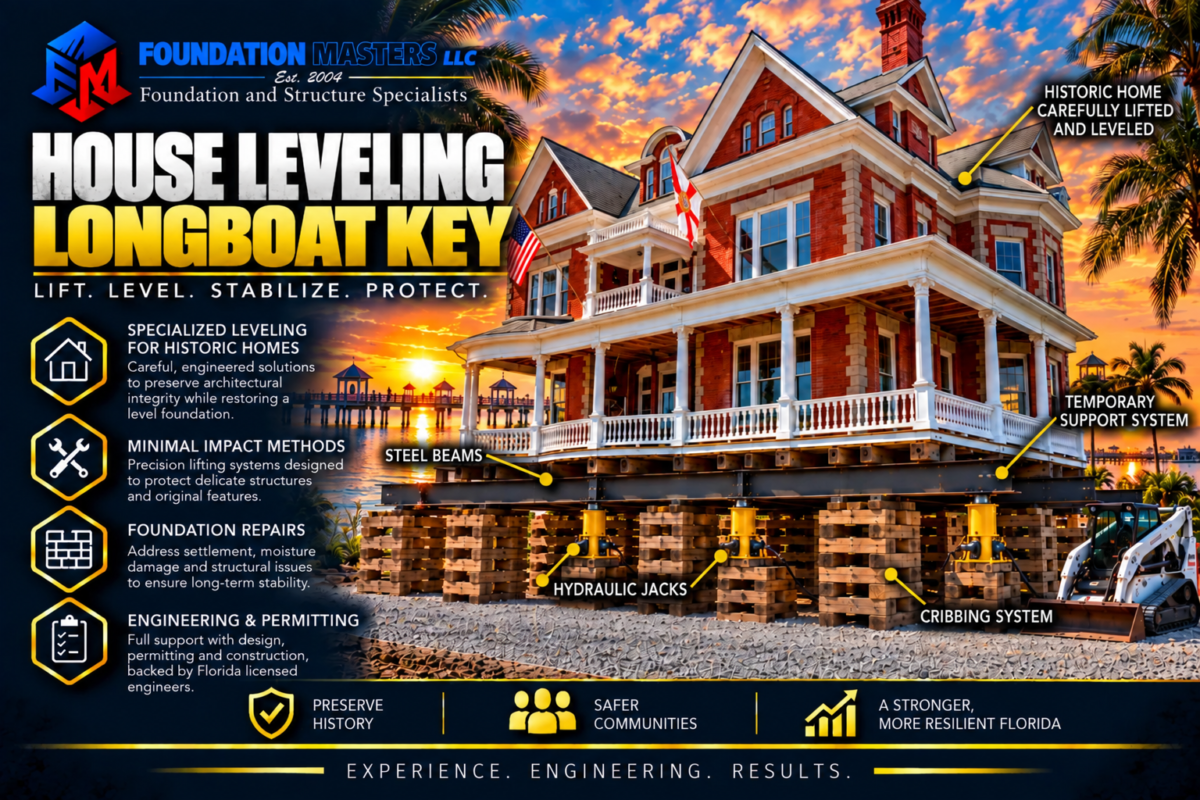 Home on steel beams, cribbing and hydraulic jacks during a Longboat Key house leveling