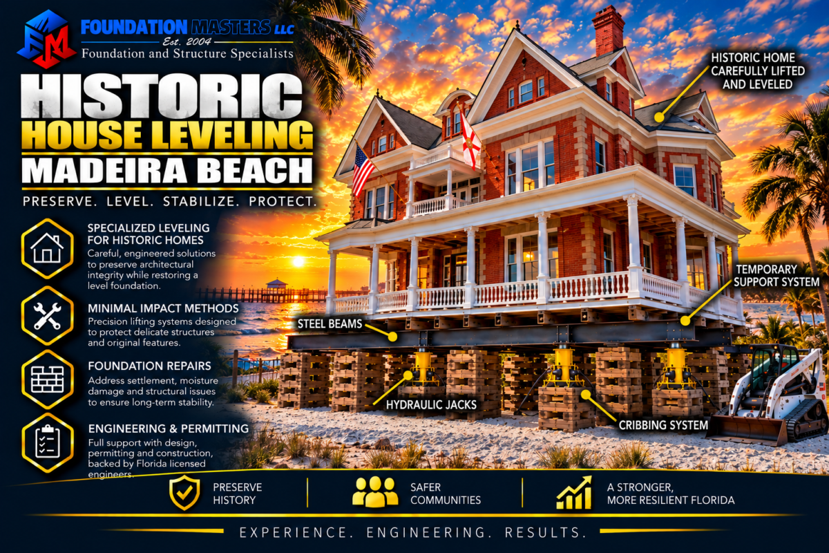 Home on steel beams, cribbing and hydraulic jacks during a Madeira Beach house leveling