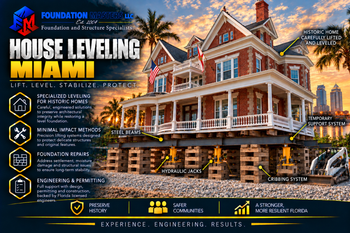 Home on steel beams, cribbing and hydraulic jacks during a Miami house leveling