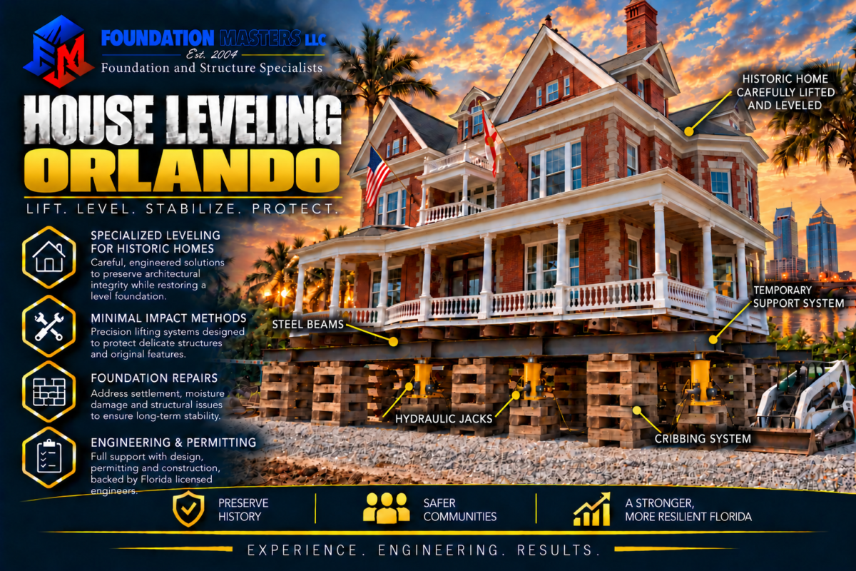 Home on steel beams, cribbing and hydraulic jacks during an Orlando house leveling
