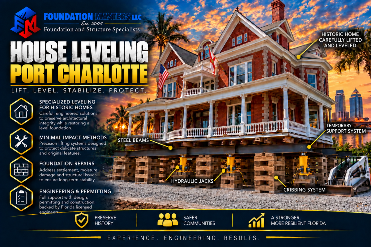 Home on steel beams, cribbing and hydraulic jacks during a Port Charlotte house leveling