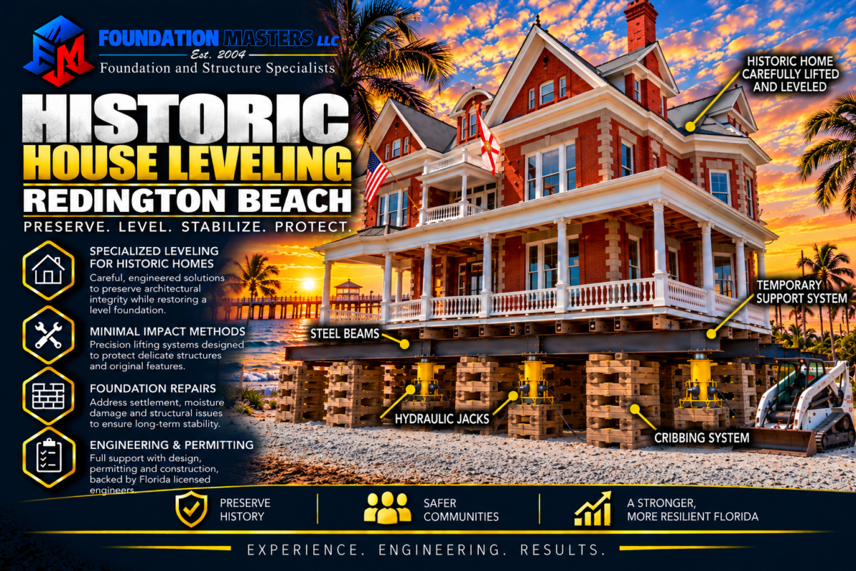 Home on steel beams, cribbing and hydraulic jacks during a Redington Beach house leveling