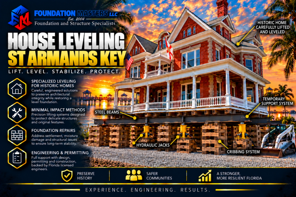 Home on steel beams, cribbing and hydraulic jacks during a St. Armands Key house leveling