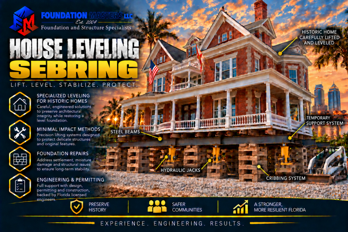 Home on steel beams, cribbing and hydraulic jacks during a Sebring house leveling