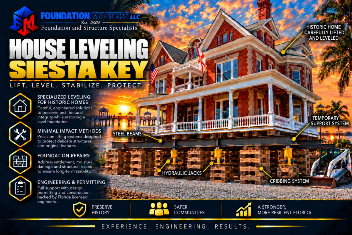 Home on steel beams, cribbing and hydraulic jacks during a Siesta Key house leveling