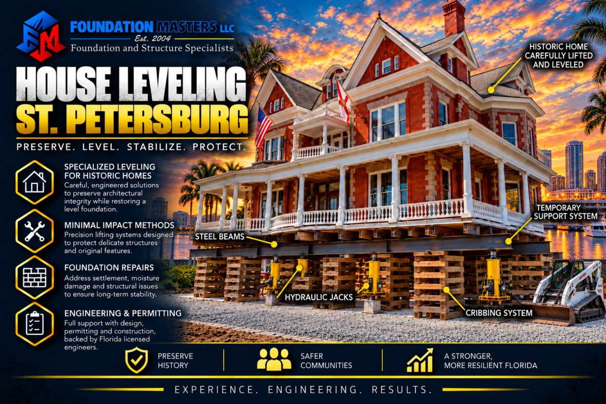Home on steel beams, cribbing and hydraulic jacks during a St. Petersburg house leveling
