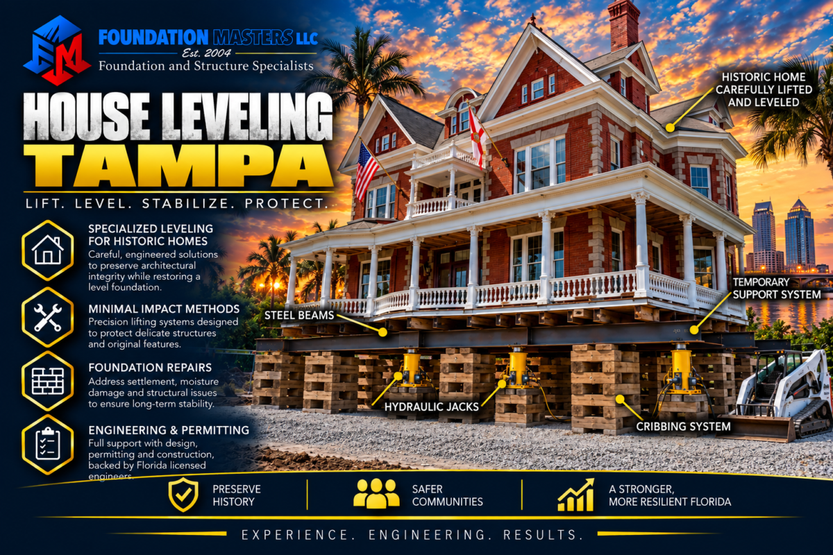 Home on steel beams, cribbing and hydraulic jacks during a Tampa house leveling