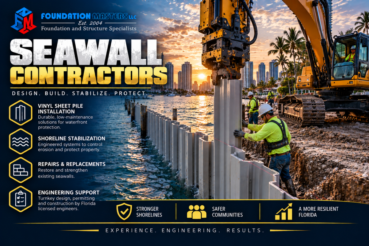 Seawall contractor Florida, engineered seawall and shoreline stabilization by Foundation Masters