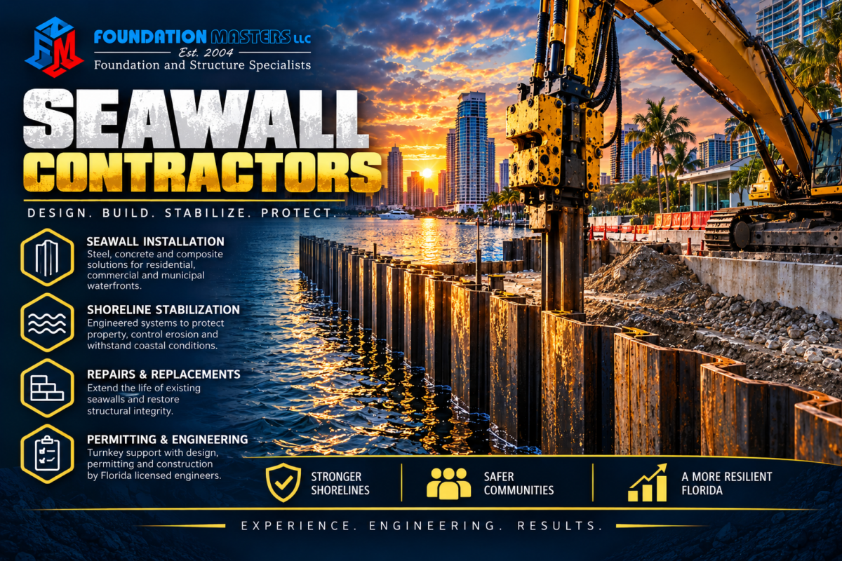 Seawall contractors Florida, engineered steel and vinyl sheet pile seawall built by Foundation Masters