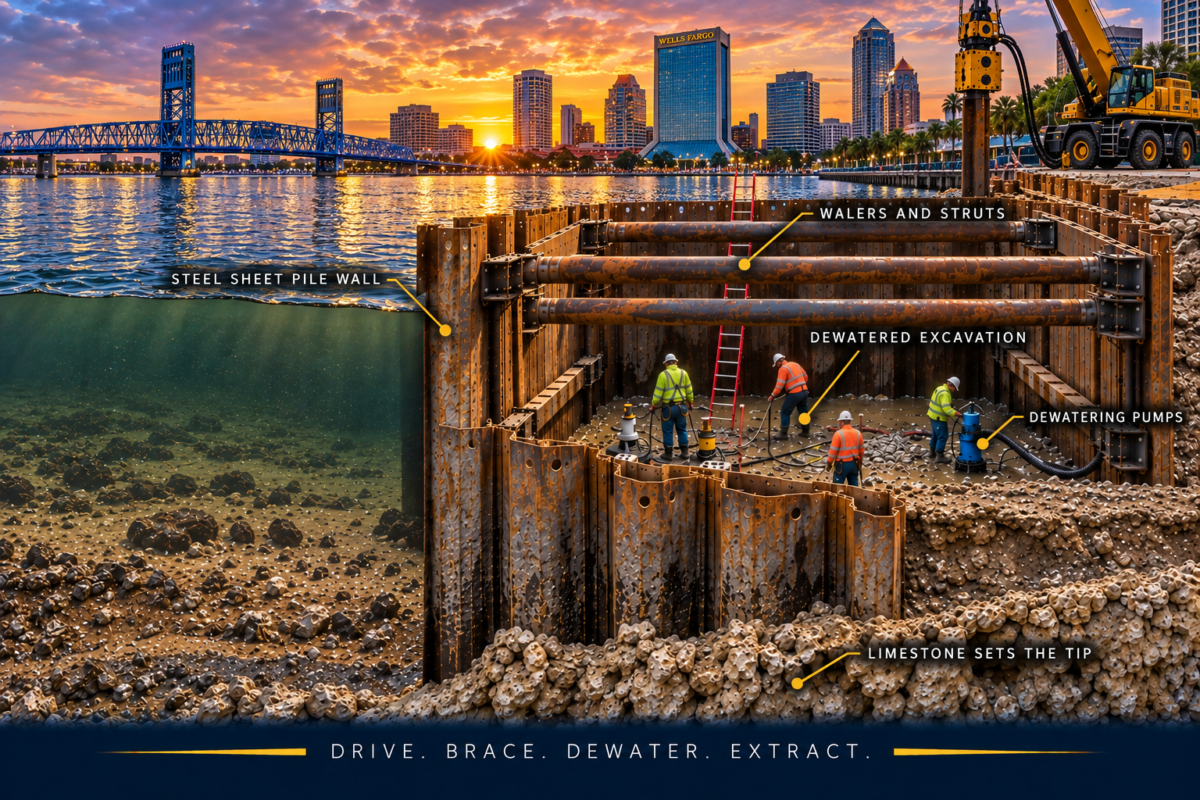 Anchored steel sheet pile bulkhead section in Jacksonville showing the driven wall, the tieback rod and waler, the deadman anchor and the fill behind the wall