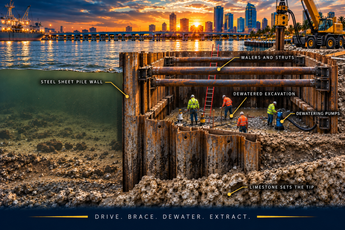 Sheet pile cofferdam section in Tampa showing the driven wall, bracing, dewatering and the limestone surface that governs tip elevation