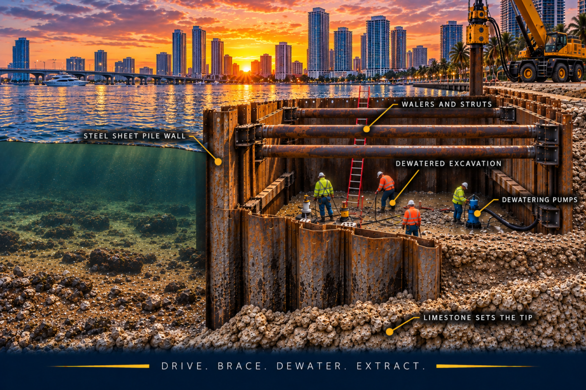 Braced steel sheet pile excavation in Miami showing the cutoff wall, internal walers and struts, the dewatered excavation and the high groundwater outside the wall