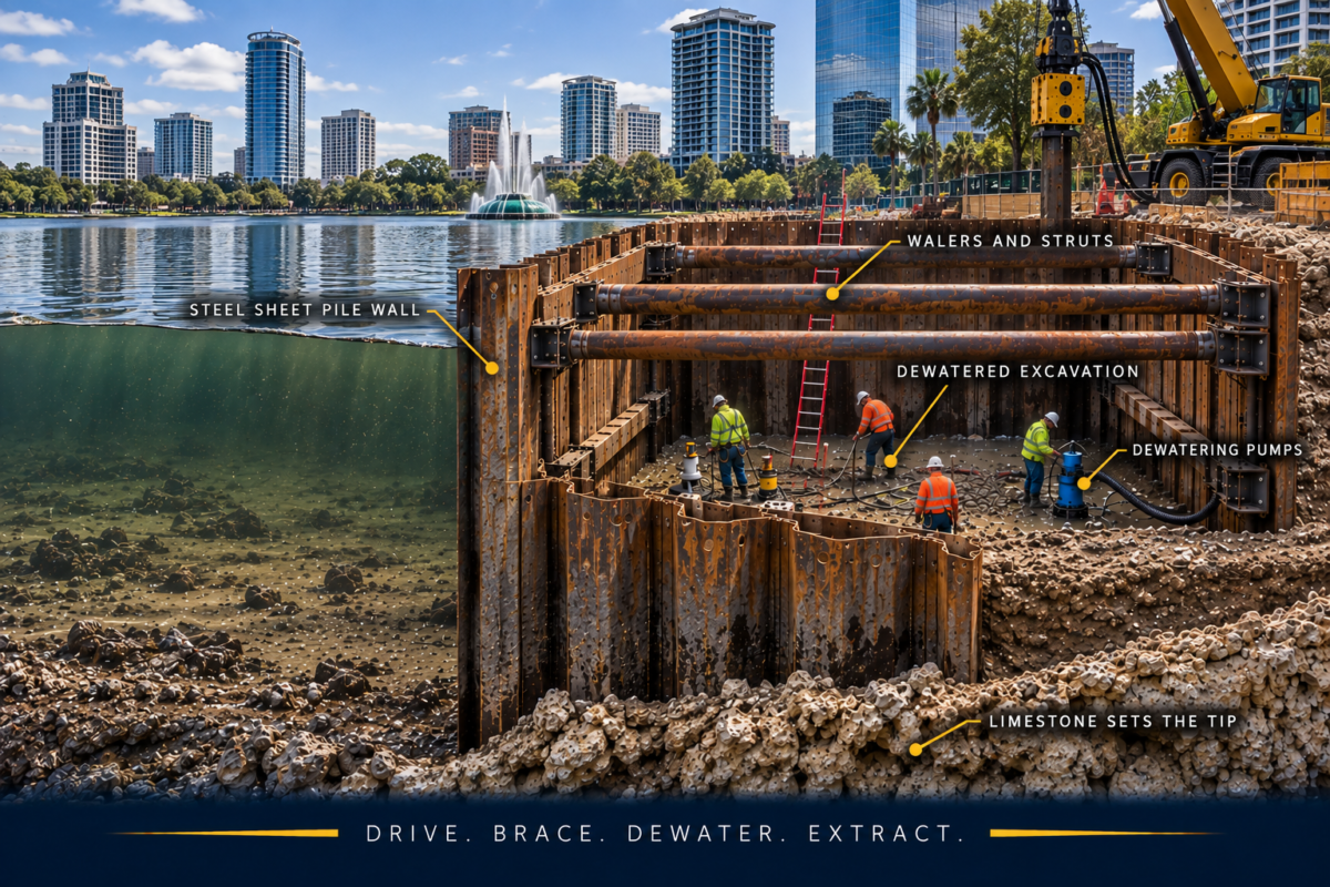 Braced sheet pile excavation support in Orlando with vibration monitoring at the adjacent building and a dewatered work area inside the wall