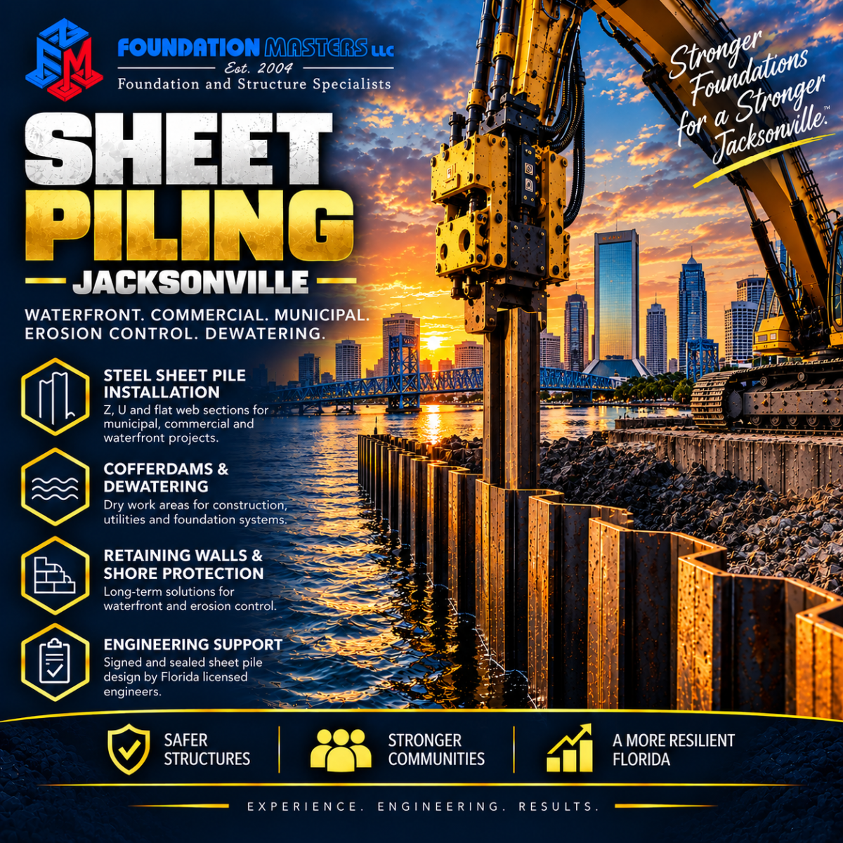 Sheet pile contractor Jacksonville, steel sheet pile bulkhead installation by Foundation Masters on the St Johns River in Duval County