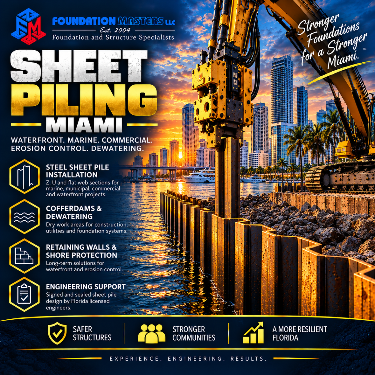 Sheet pile contractor Miami, braced steel sheet pile excavation support wall installed by Foundation Masters in Miami Dade County
