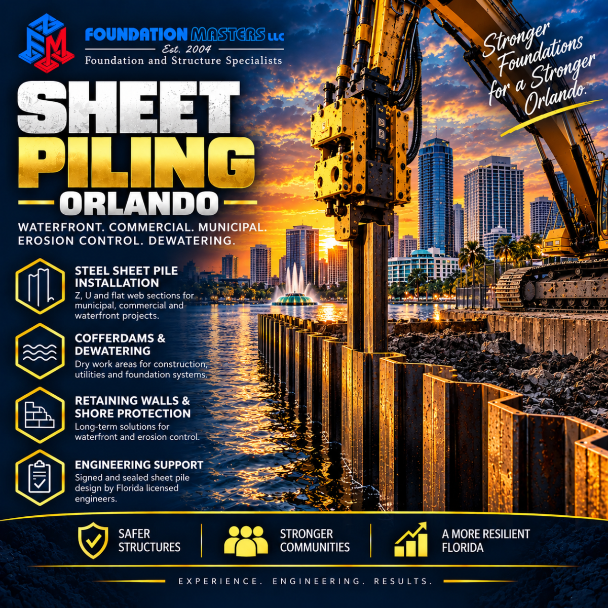 Sheet pile contractor Orlando, steel sheet pile excavation support by Foundation Masters in Orange County