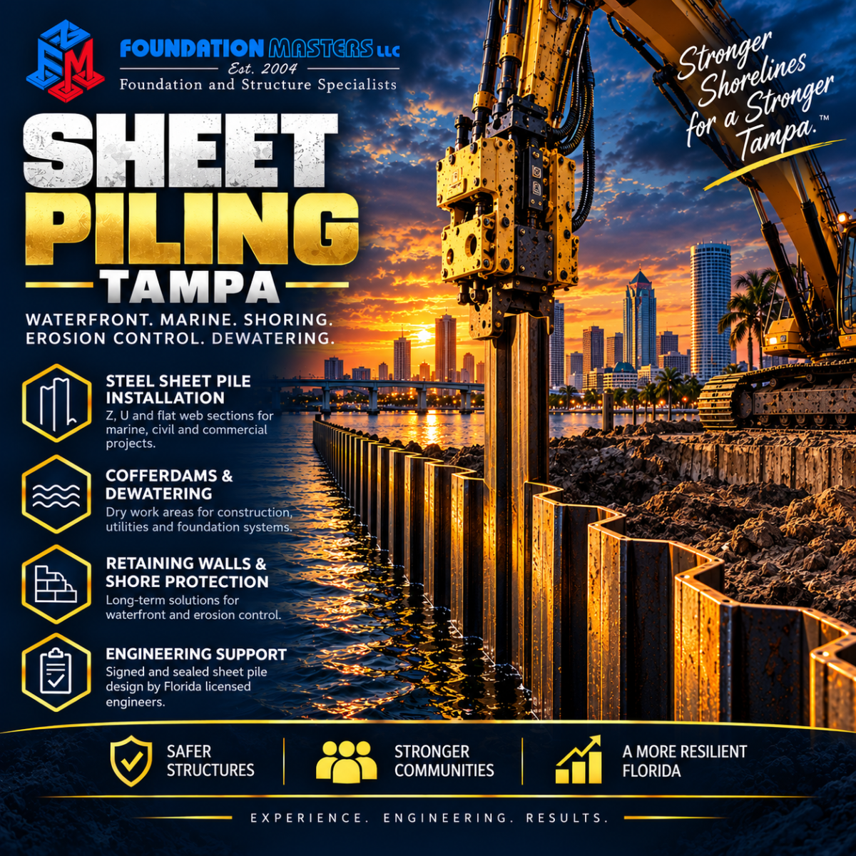 Sheet pile contractor Tampa, steel sheet pile wall installation by Foundation Masters in Hillsborough County