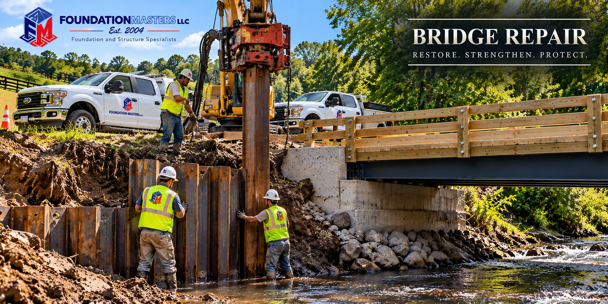 Foundation Masters crew repairing a private bridge abutment with sheet pile scour protection