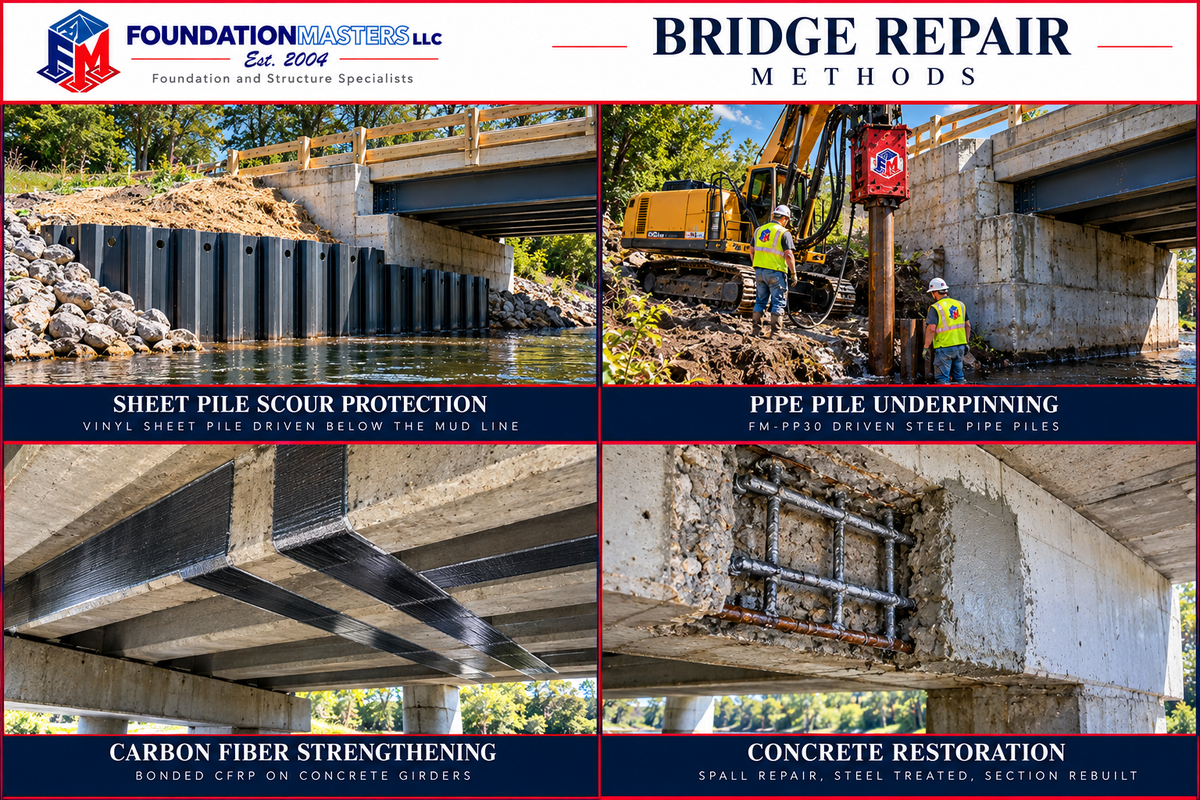 Bridge repair methods: sheet pile scour protection, driven pipe pile underpinning, carbon fiber strengthening and concrete restoration