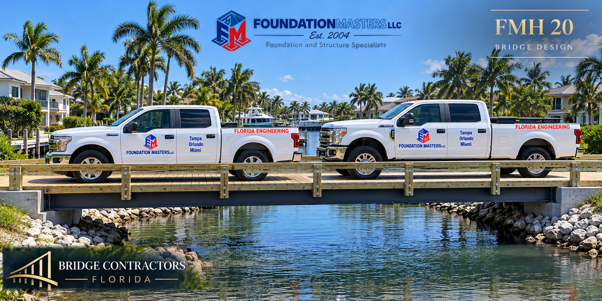 Foundation Masters trucks on an engineered bridge over a Florida canal