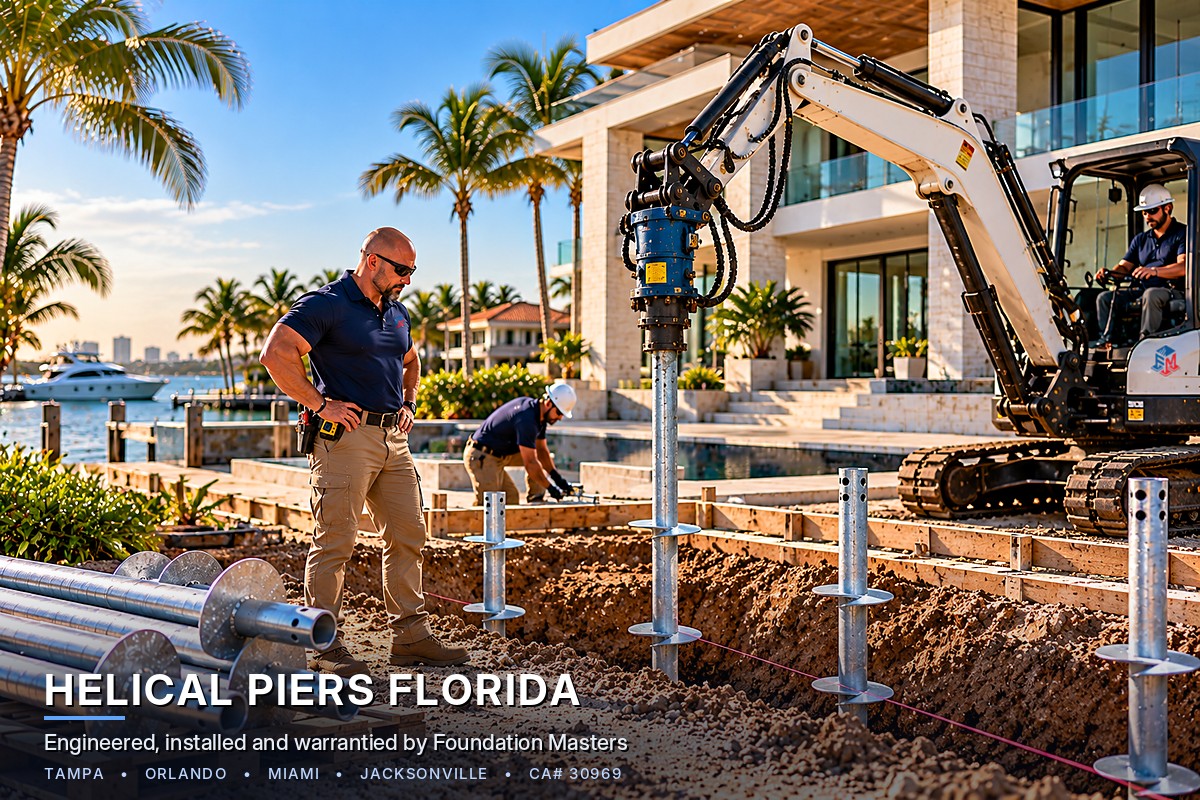 Foundation Masters crew installing helical piers at a Florida home