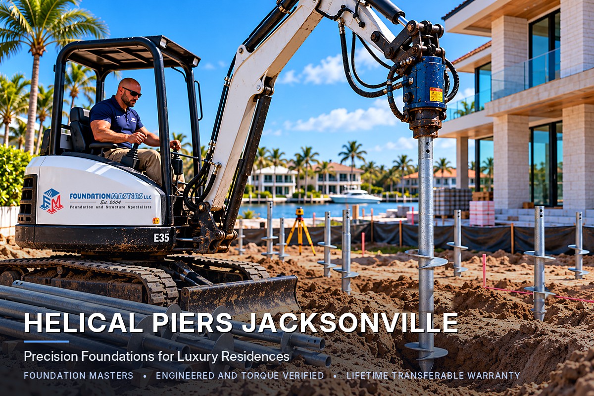 Foundation Masters installing helical piers for a luxury waterfront home in Jacksonville